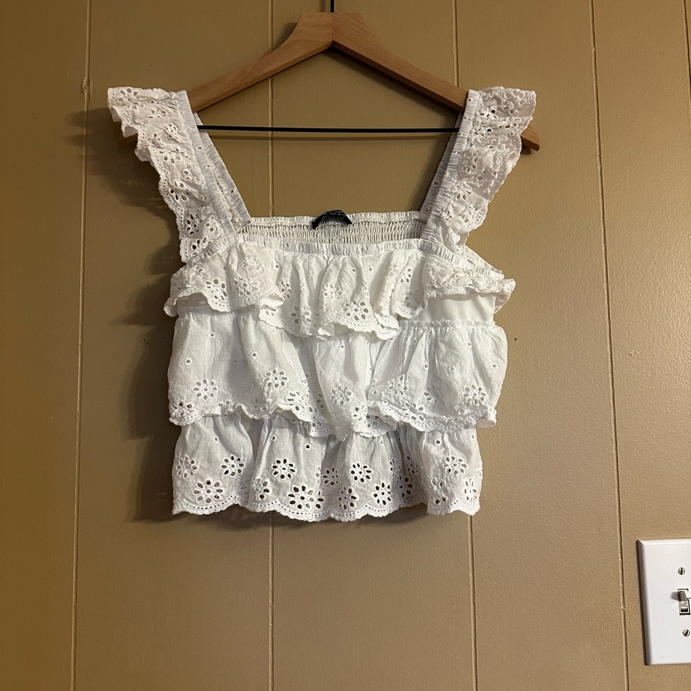 SHEIN Women's White Eyelet Ruffle Crop Top